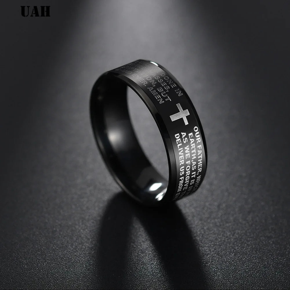 UAH Fashion 316L Stainless Steel rings for men and women Bible Lord's Prayer Cross Rings Punk Fashion Men Gift Jewelry Rings