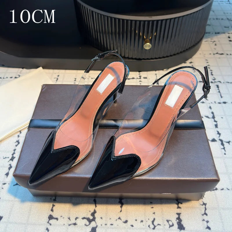 Women's Heart Clear Heeled Sandals Pointed Toe Transparent Slingback Heels Buckle Strap Patent Leather Party Prom Dress Shoes