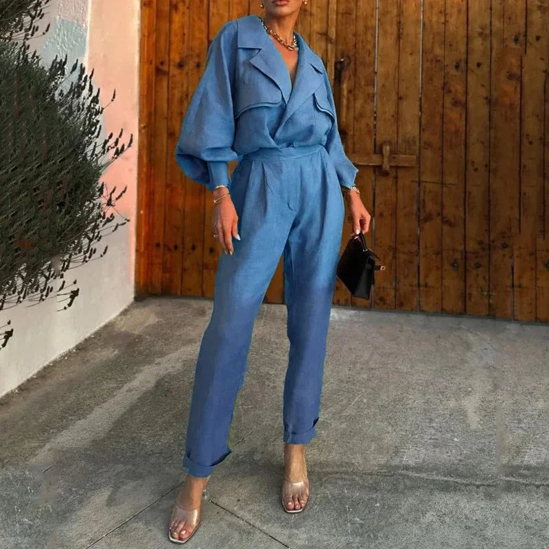 Women Two Piece Set Autumn Office Fashion Solid Lapel V Neck Long Lantern Sleeve Shirt Top Loose Pants Sets Streetwear