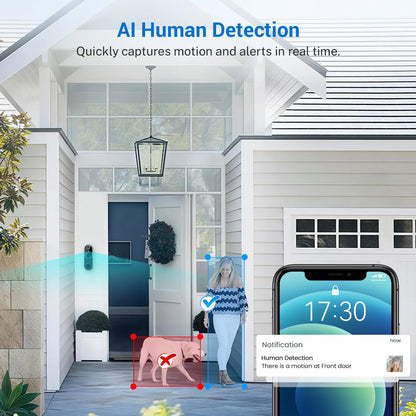 Smart Wireless Video Doorbell Camera AI Human Detection Night Vision Cloud Storage Battery Powered Indoor Outdoor Home Security Surveillance