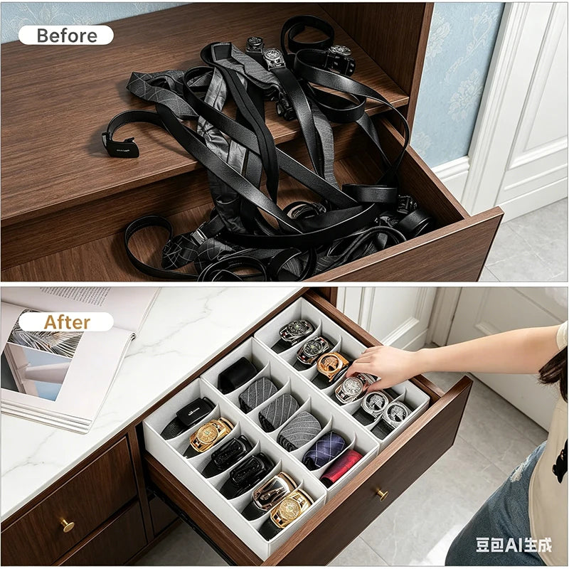 2-Pack Foldable Belt Organizer - 6-Grid Closet Storage Box for Ties/Clothes, White Fabric Space Saver