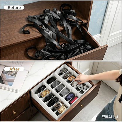 2-Pack Foldable Belt Organizer - 6-Grid Closet Storage Box for Ties/Clothes, White Fabric Space Saver