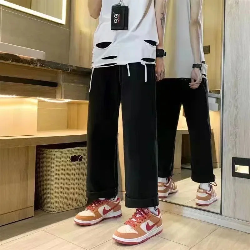Sakura embroidered jeans Personalized street fashion wide legs wide legs multifunctional washing spread couple hip hop pants