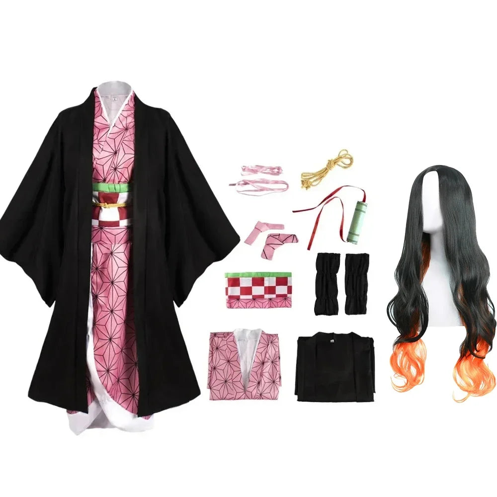 Animn Kamado Nezuko Cosplay Costume Kimono Cosplay Wigs Hairs Halloween Carnival Women Outfit