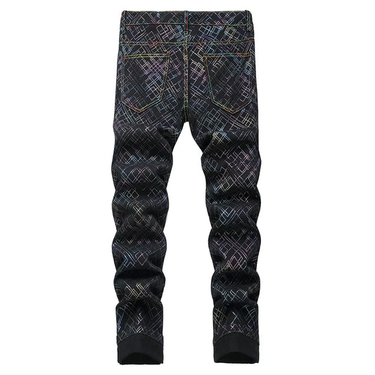 Men Printed Jeans Colored Shinning Geometry Plaid Painted Pants Black Stretch Denim Slim Straight Trousers
