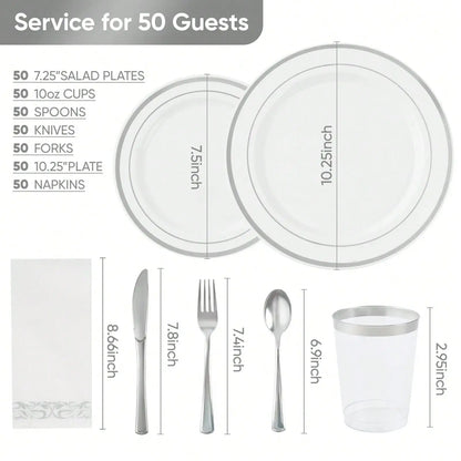 Disposable Dinnerware Set Elegant Luxury White Gold Rim Plastic Plates Gold Cutlery Cups Napkins 350 Pcs Serves 50 Guests Heavy Duty Party Tableware Set For Wedding Birthday Party Catering Showe