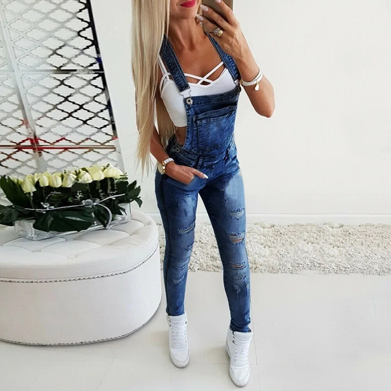 Europe and The United States Fashion Y Word Broadband Sexy Suspenders Pants Women Four Seasons New Washed Ripped Denim Jumpsuit