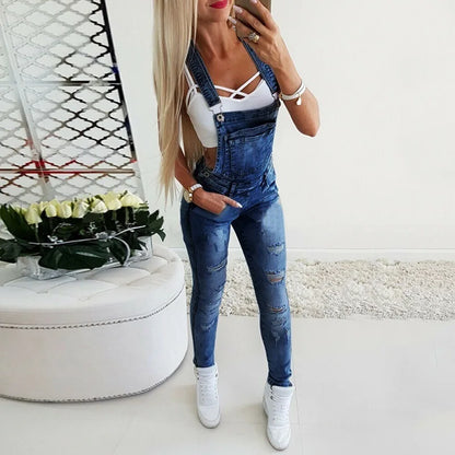 Europe and The United States Fashion Y Word Broadband Sexy Suspenders Pants Women Four Seasons New Washed Ripped Denim Jumpsuit