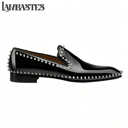 Metallic Stud Trimmed Mens Loafers Patent Matte PU Leather Slip on Shoes Edge Studded Accent Designer Style Formal Dress Shoes