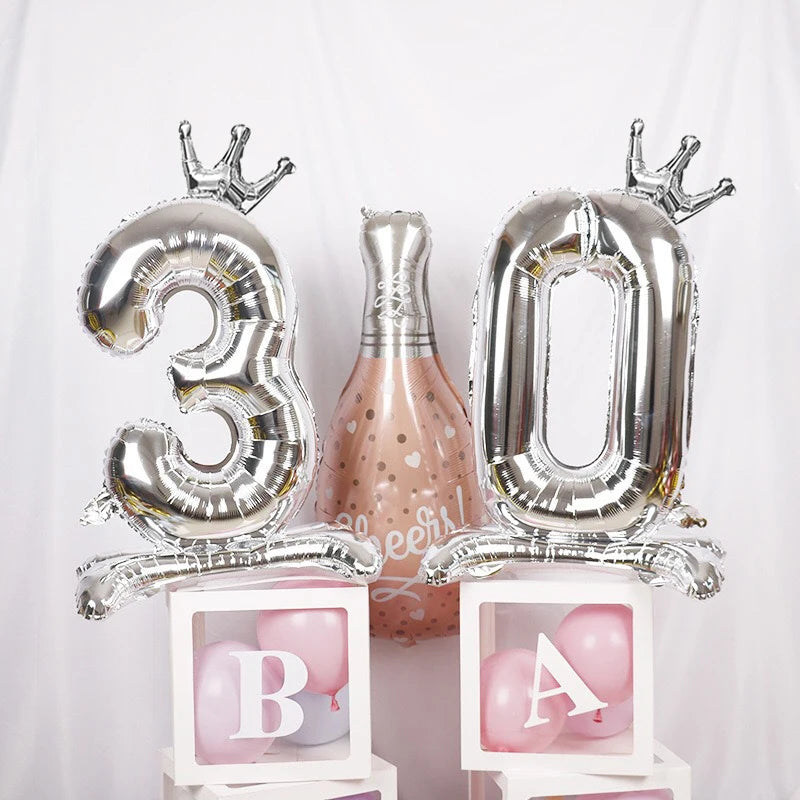 32 Inch Gold Number Stand Foil Balloons with Crown Digital Figures Globos 0-9 Birthday Party Wedding Decoration Kids Baby Shower