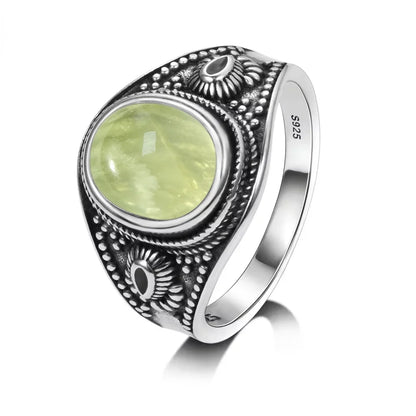 925 Sterling Silver Ring With Natural Prehnite Stone 8*10mm Oval Shape With Crystal Flower Design Gifts Fine Jewelry For Women