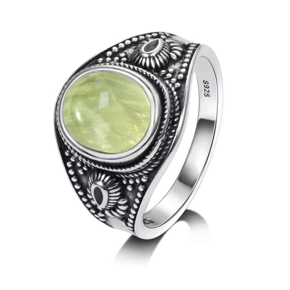 925 Sterling Silver Ring with Natural Prehnite Stone 8*10mm Oval Shape