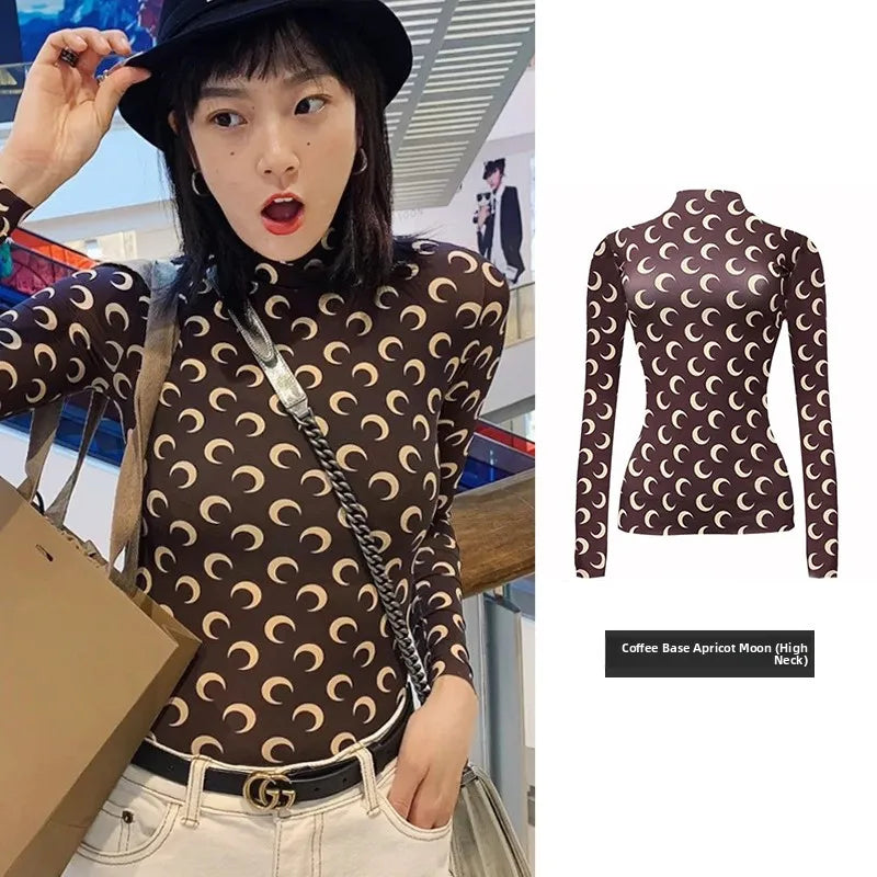 Sweet Two Piece Set Women American Retro Layered Outfit Long Sleeve Moon Print Top Ice Silk Pants Sexy Casual Autumn Fashion