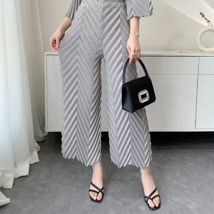 2026 Spring New Women Handmade Pleated Pants Set Comfortable Casual Seven Sleeve T-Shirt Top Loose Wide Leg Pants 2 Piece Set