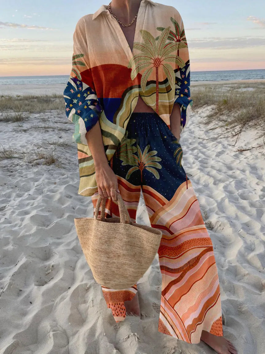 Fashion Print Beach Holiday 2-Piece Set Women Spring Summer Long Sleeve Shirt Top + Wide Legs Women's Oversized Two-Piece Outfit