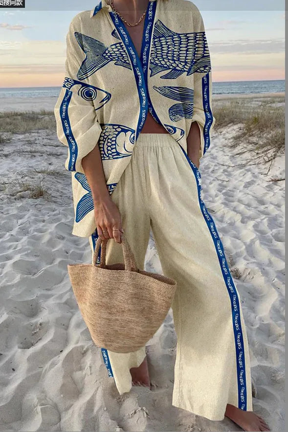 Fashion Print Beach Holiday 2-Piece Set Women Spring Summer Long Sleeve Shirt Top + Wide Legs Women's Oversized Two-Piece Outfit