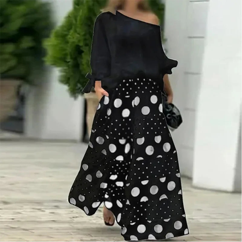 Spring Summer Elegant Fashion Print Women's Set Two-piece Casual One-Neck Off-Shoulder Long-Sleeve Solid Top Loose Culottes Suit