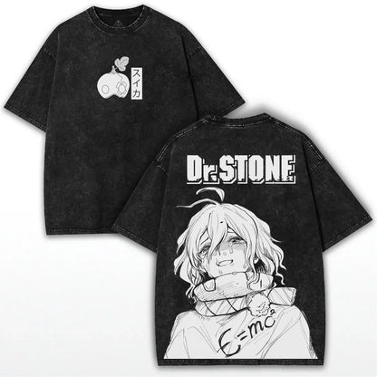 Suika Dr.STONE Anime Asagiri Gen Washed T-shirt Oversized Tee Shirt Summer Short Sleeve Cotton Tops Men Women Clothing