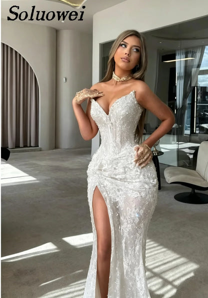 Customized Elegant Strapless Sweetheart Evening Dresses Corset Beaded Slit Luxury Mermaid Formal Prom Gown Vestidos De Noche