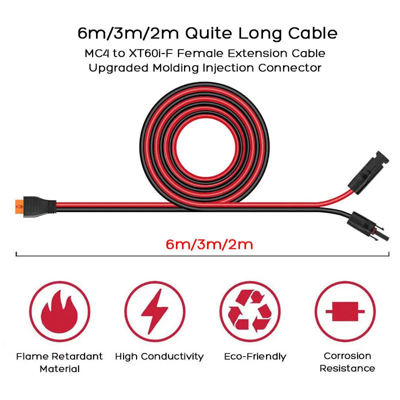 6m 3m 2m Solar to XT60i-F Connector Cable for EcoFlow River Delta ALLPOWERS R600 Bluetti Elite Anker SOLIX Etc. Solar Generator.