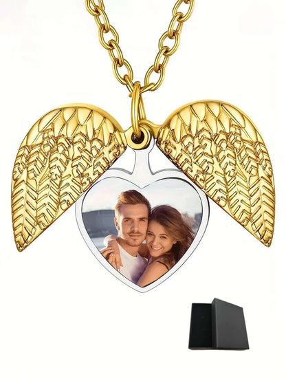 Custom photo pendant commemorative necklace, personalised heart-shaped photo angel wing pendant necklace, personalised gift