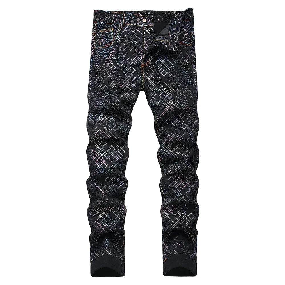 Men Printed Jeans Colored Shinning Geometry Plaid Painted Pants Black Stretch Denim Slim Straight Trousers