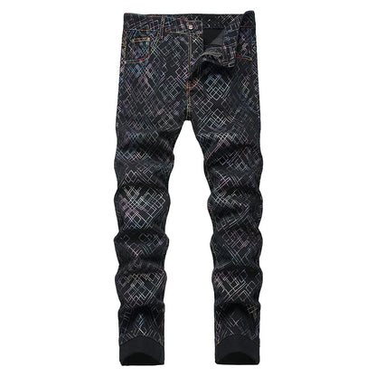 Men Printed Jeans Colored Shinning Geometry Plaid Painted Pants Black Stretch Denim Slim Straight Trousers