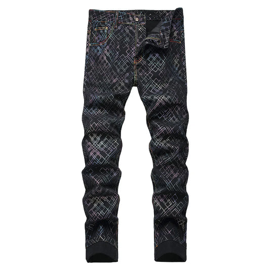 Men Printed Jeans Colored Shinning Geometry Plaid Painted Pants Black Stretch Denim Slim Straight Trousers