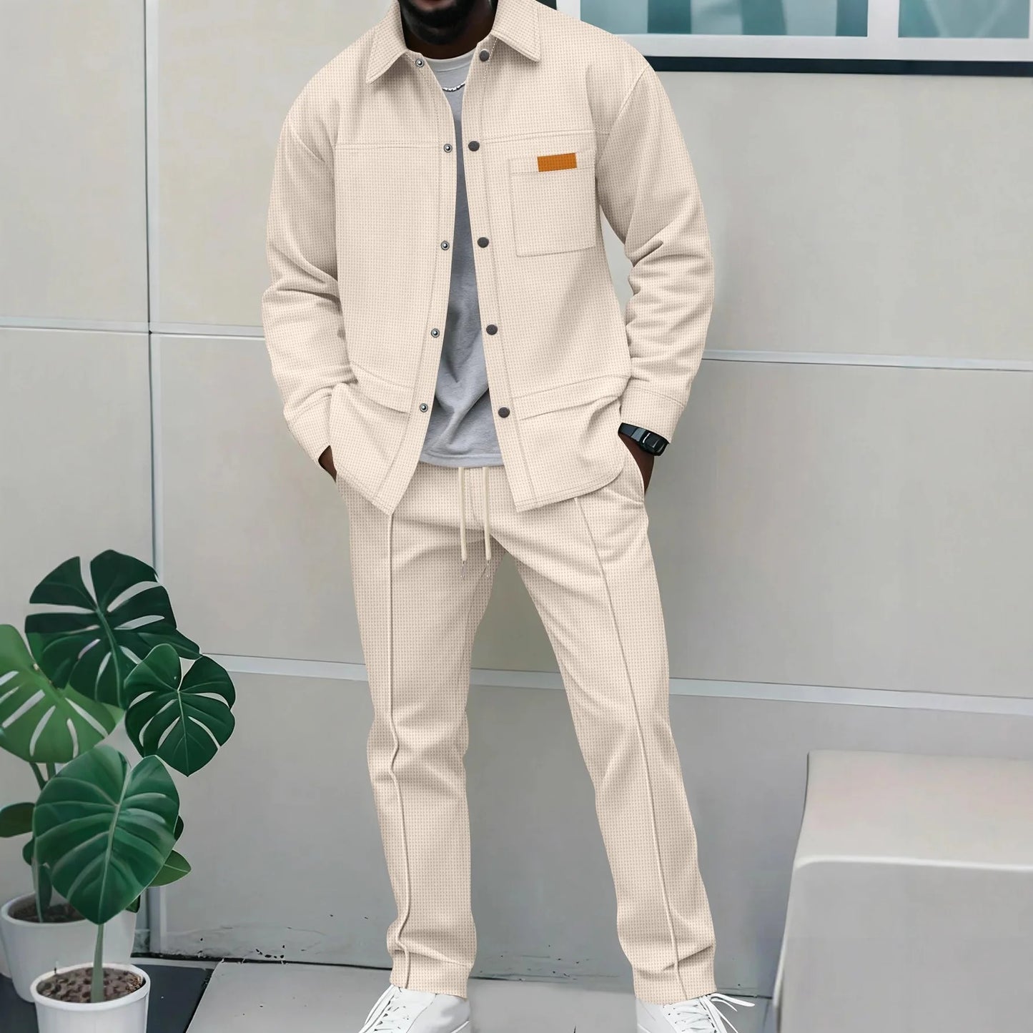 Spring and Autumn Men's High-Quality Waffle Pure Color Placket Pocket Jacket Set - A Stylish and Casual Two-Piece Outfit