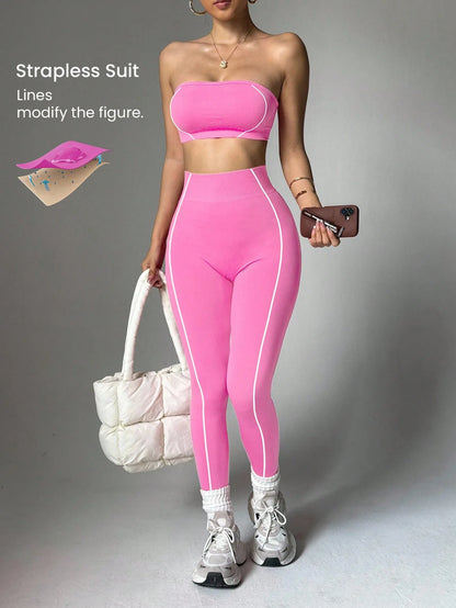 Women Strapless Bandeau Sports Bra Seamless High Waist Yoga Leggings Set Padded Workout Fitness Gym 2 Piece Outfits