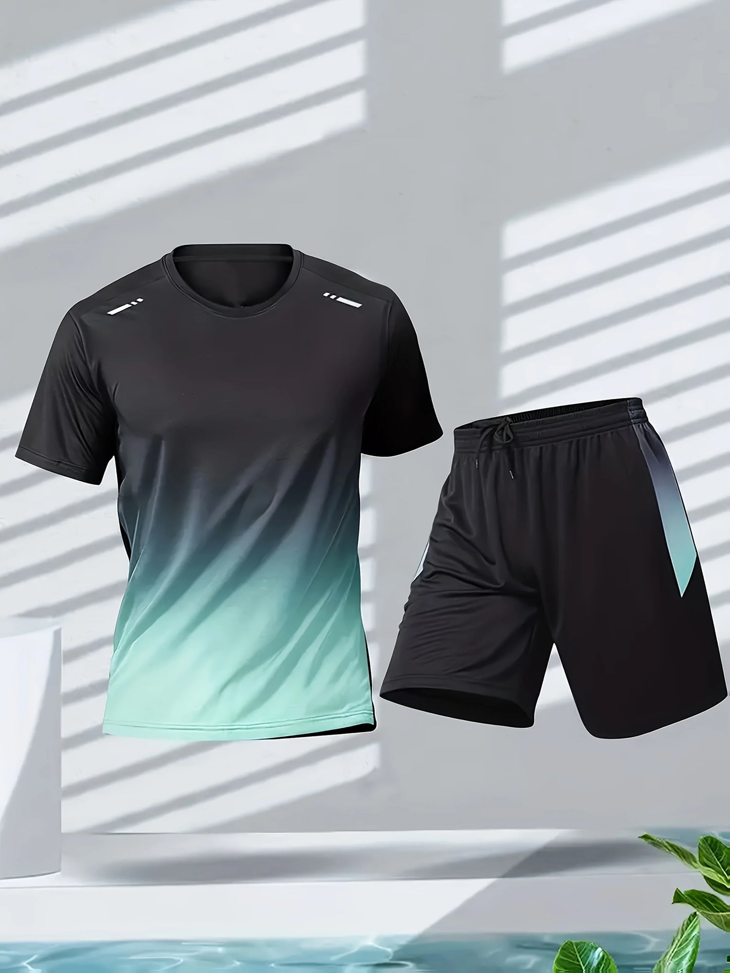 Men's sportswear, ice silk short sleeves and shorts running clothes, men's table tennis and badminton wear gradient T-shirt