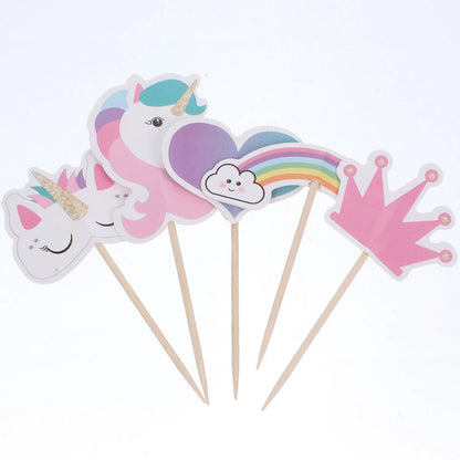 24Pcs Kids Birthday Party Cake Toppers Rainbow Cake Topper Pick Cake Decoration Toppers Cakes Decorating Party Cupcake Sticks