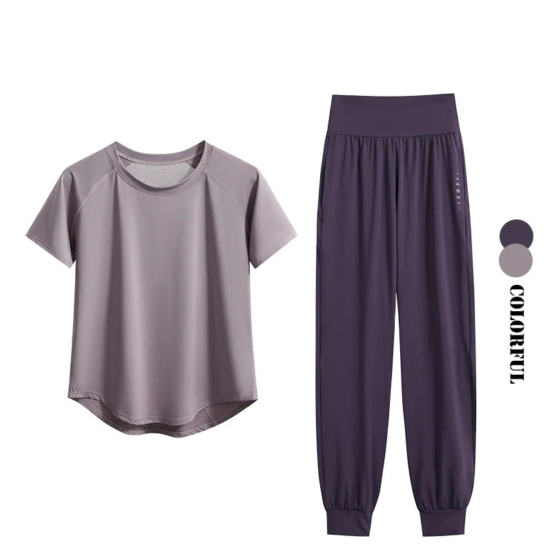 DRUR S-4XL Yoga Set Women Sport Shirts Gym Pants Set 2 Piece Short Fitness Tops Sweatpants Suit Female Summer Sportswear Outfit