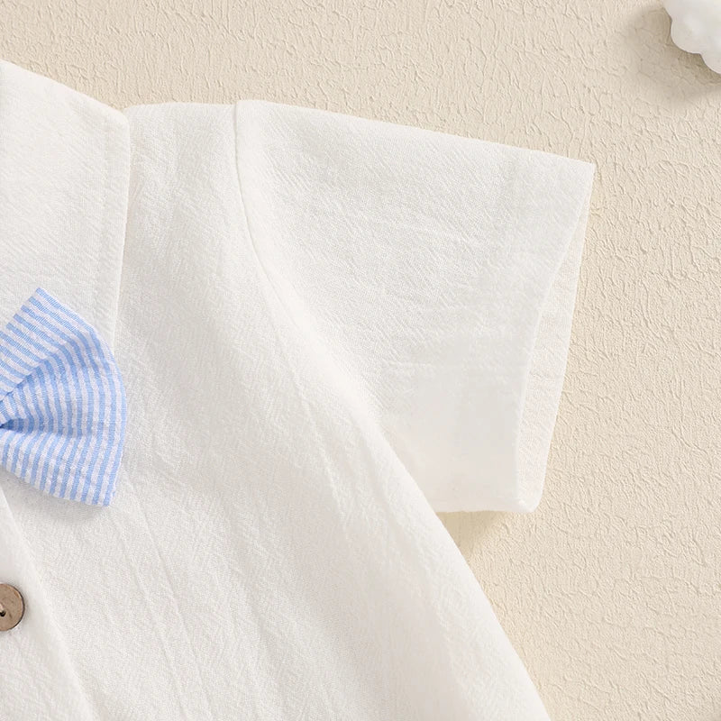 Infant Baby Boy Summer Gentleman Outfit Short Sleeve Lapel Neck Shirt Romper + Stripe Suspender Shorts + Bowtie for Newborn