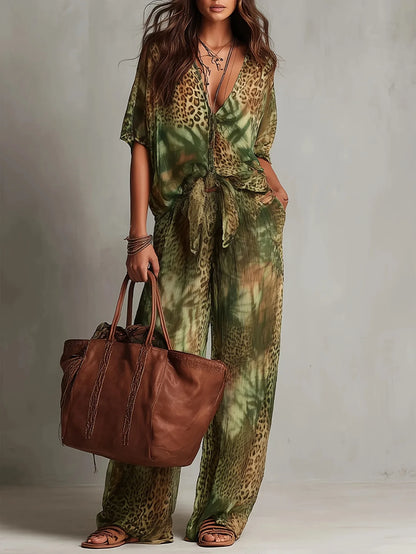 Vintage Women Leopard Print Two Piece Set Elegant Printing V Neck Short Sleeve Knot Front Blouse Wide Leg Pants Suit Outfit