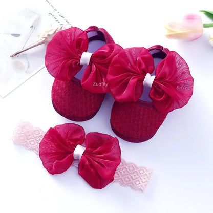 Spring Infant Baby Girl Shoes Newborn Lace Flowers Headband Anti-Slip Soft Sole First Walkers Toddler Kids Cotton Baptism Shoes