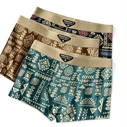 3pcs/set Fashion Men Underwear Men's Retro Geometric Print Boxer Briefs Soft Breathable Mid-Waist Underwear Comfortable Shorts