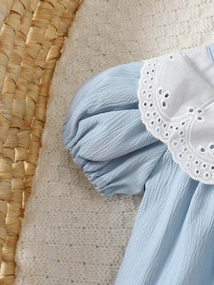 Summer new baby girl blue bubble short sleeved patch white lace round neck dress gentle, sweet and cute