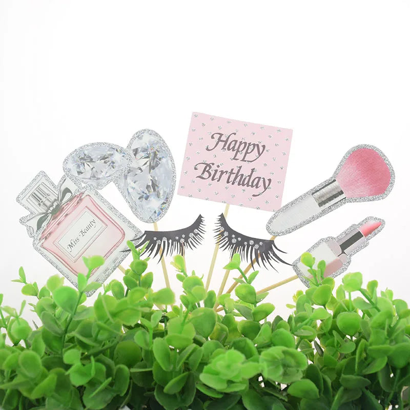 Perfume Lipstick Makeup Brush Cake Topper DIY Women Cupcake Cake Flags Kids Girl Happy Birthday Bride Party Baking DIY Decor