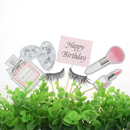 Perfume Lipstick Makeup Brush Cake Topper DIY Women Cupcake Cake Flags Kids Girl Happy Birthday Bride Party Baking DIY Decor