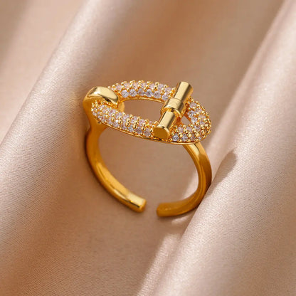 Gold Plated Stainless Steel Crystal Rings For Women Chain Geometry Zircon Finger Ring Jewelry Gift anillos mujer 2025 New Trendy