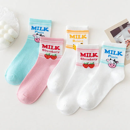 5 Pairs Women Fruit Print Socks Set Cute Casual Korean Fashion Kawaii Japanese Style Pumpkin Strawberry Banana Peach Avocado Sox