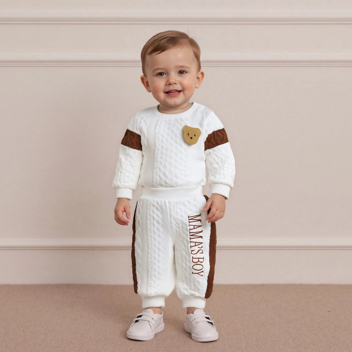 Baby Boy s Knit Outfits Fashionable Long Sleeve Bear Embroidery Textured Romper with Pants 2Pcs Set
