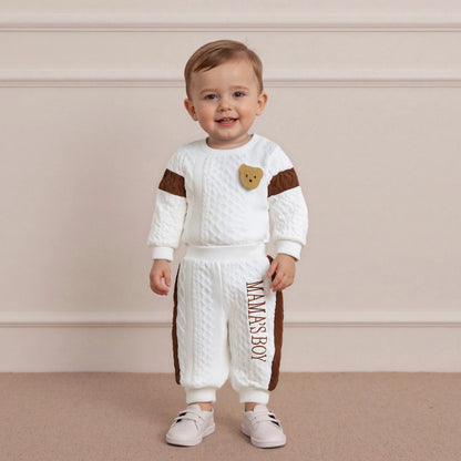 Baby Boy s Knit Outfits Fashionable Long Sleeve Bear Embroidery Textured Romper with Pants 2Pcs Set
