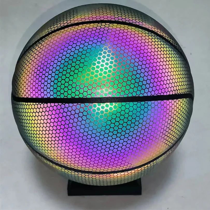 Luminous Basketball Ball Holographic Reflective Lighted Flash Ball PU Wear-Resistant Glowing Basketball Night Sports Game