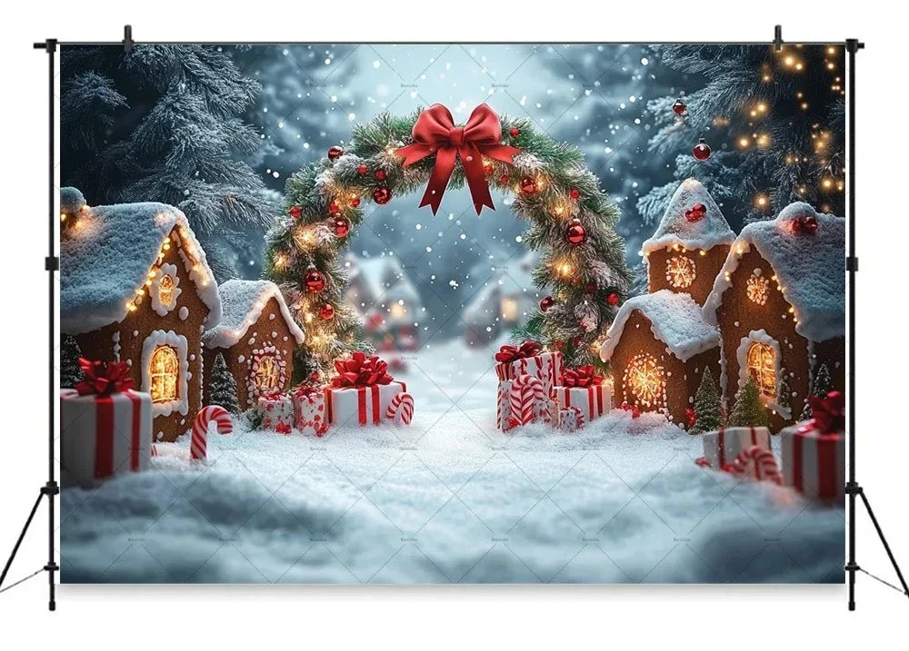 Christmas Gingerbread House Candy Vine Arch Theme Banner Background, Birthday Party, Home Decoration Photography Backdrop Cloth