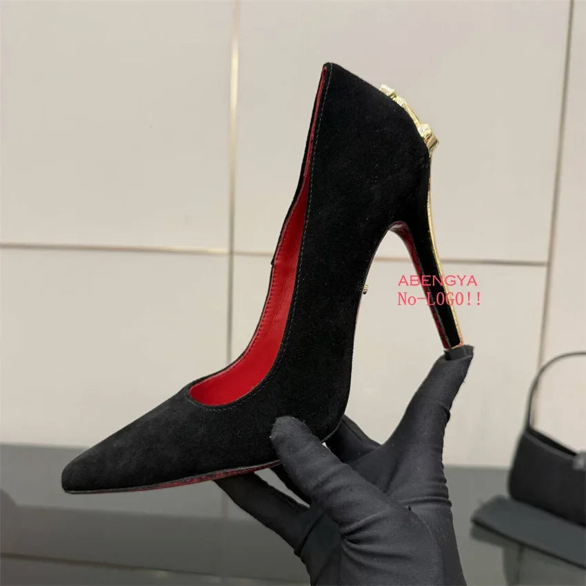 2025 Summer Sexy Gold Metal High Heels Shoes Women Pumps Designer Black Dress Shoes Fashion Party Prom Wedding Shoes For Women