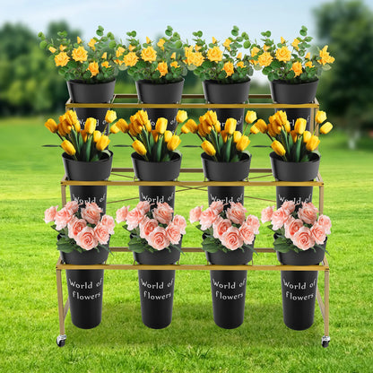 3-Layer Metal Flower Display Stand with 12 Round Buckets, Heavy Duty Rolling Plant Cart with Lockable Wheels, 110lbs Load Bearing Movable Plant Shelf for Indoor Living Room Balcony Florist