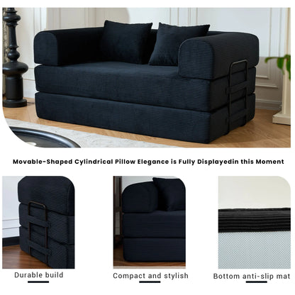 59" Boneless Folding Convertible Sofa Bed, Small 2-Seater Corduroy Futon Floor Couch with Pull Out Sleeper, No Assembly Boneless Loveseat for Living Room