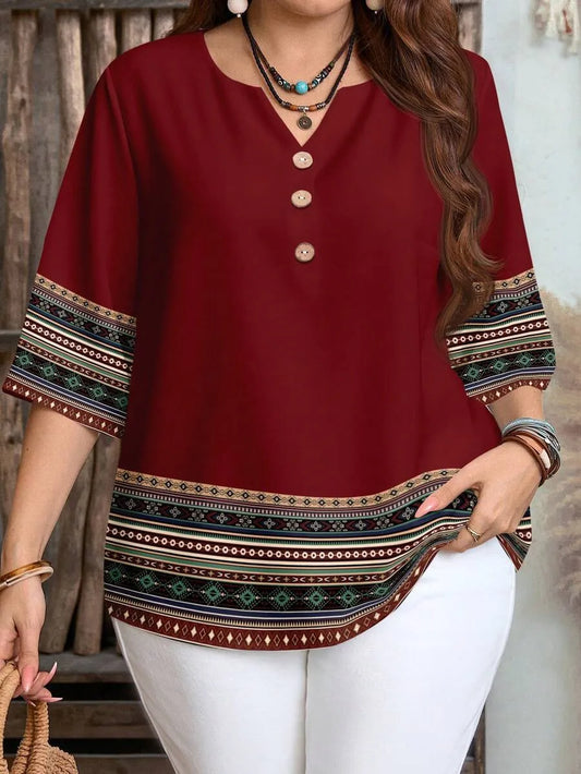 Plus size women's spring/summer/autumn new retro pattern front button leisure short sleeve shirt essential summer outfit